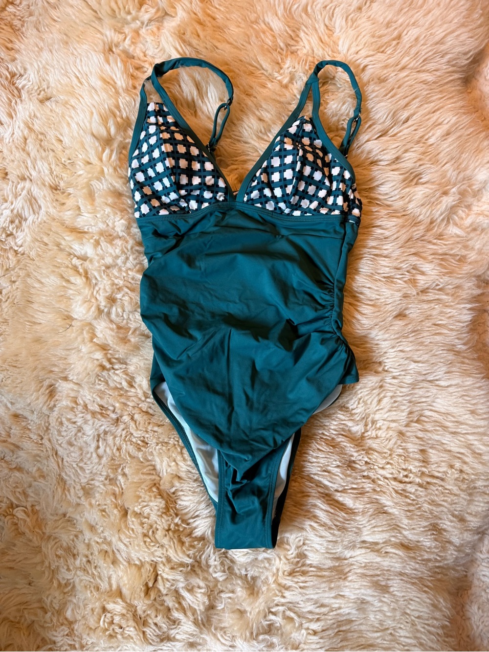 Cupshe Teal One-Piece Swimsuit with White and Navy Diamond Bust